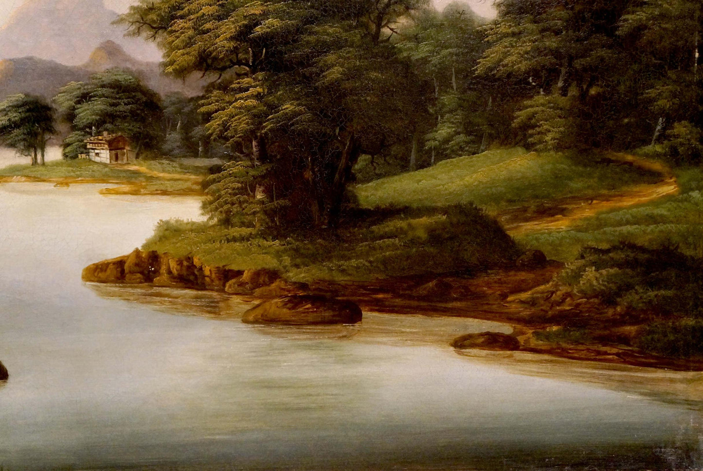 Oil painting River leading to the mountains European artist