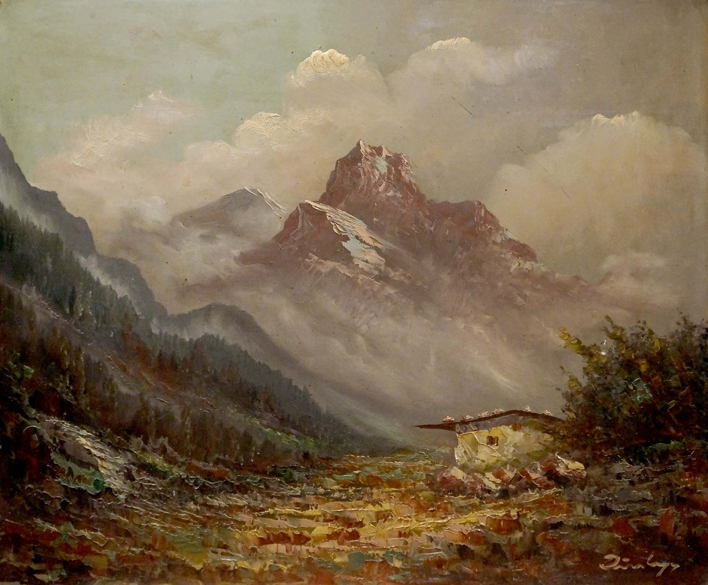Oil painting Mountains shrouded in fog European artist