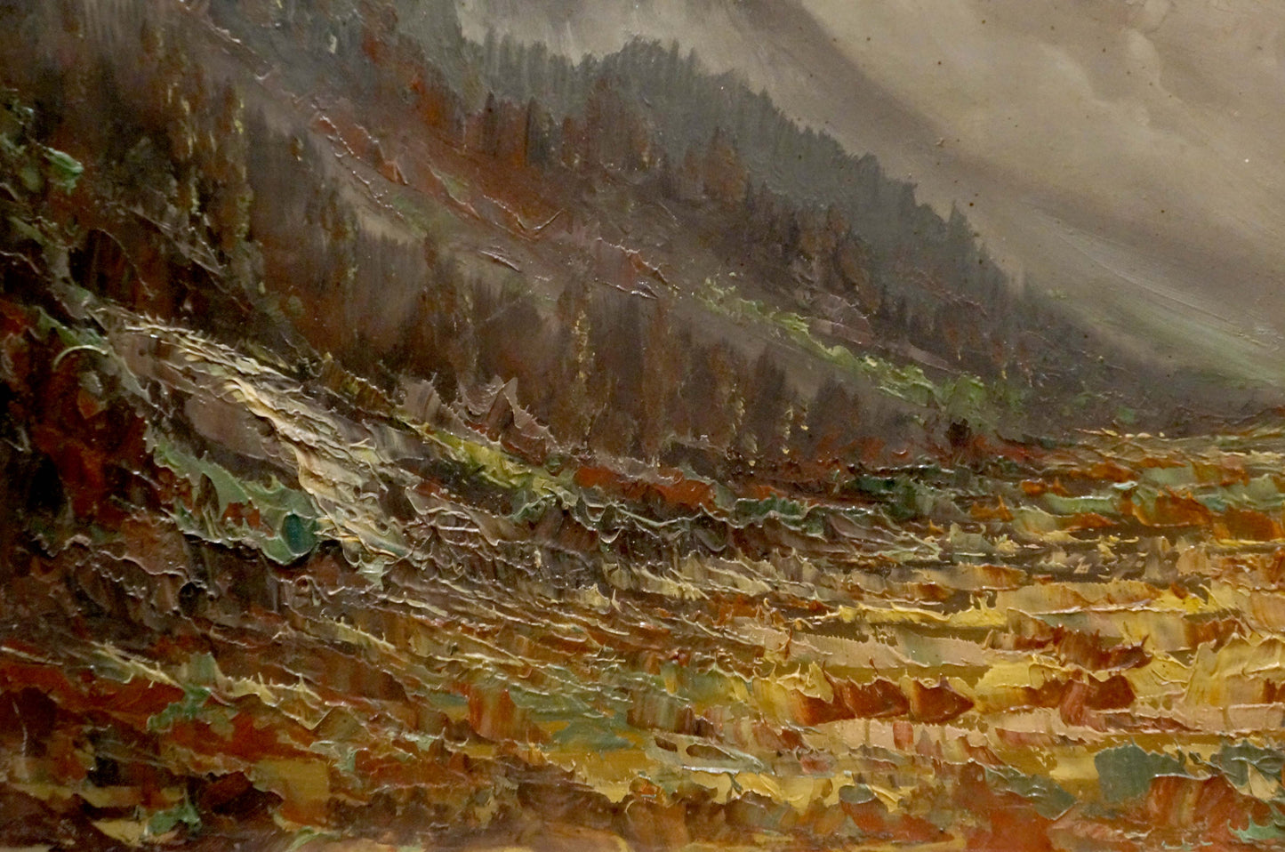 Oil painting Mountains shrouded in fog European artist