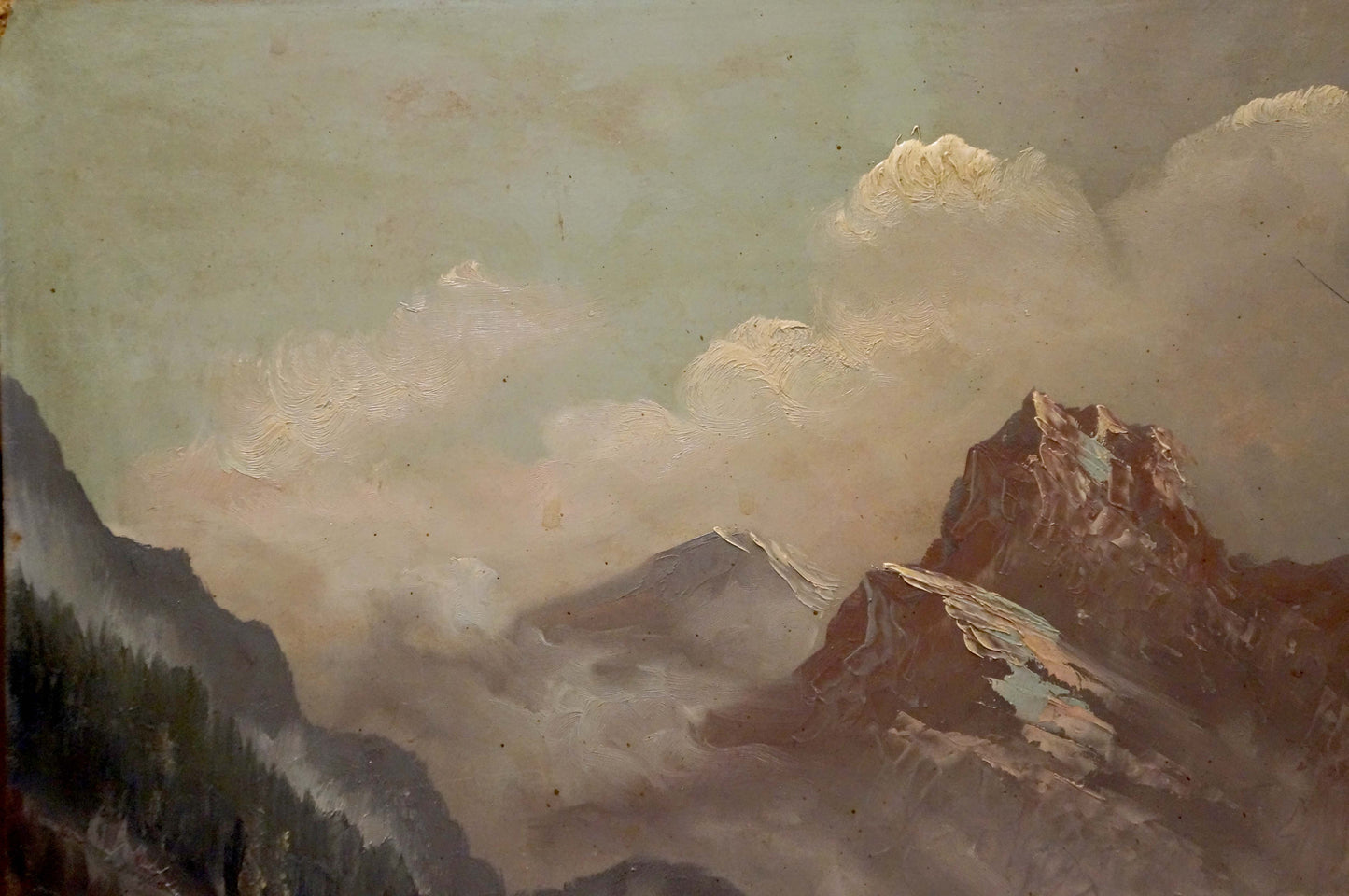 Oil painting Mountains shrouded in fog European artist