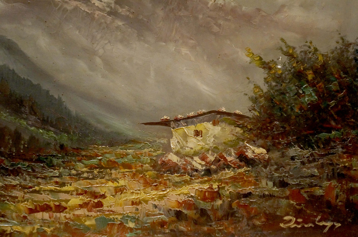 Oil painting Mountains shrouded in fog European artist