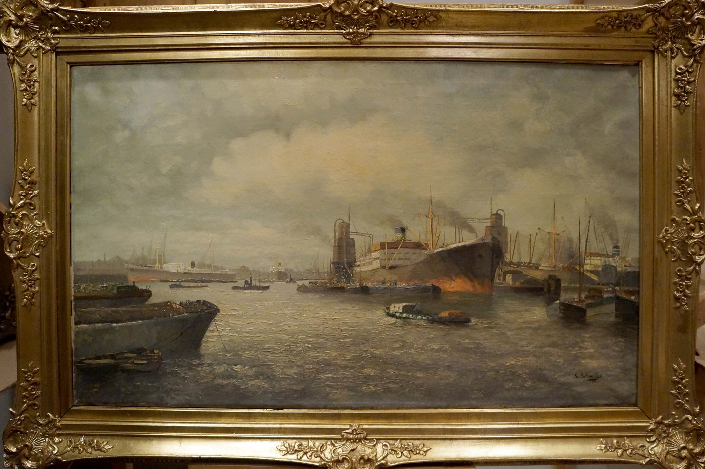 Oil painting Landscape with ships