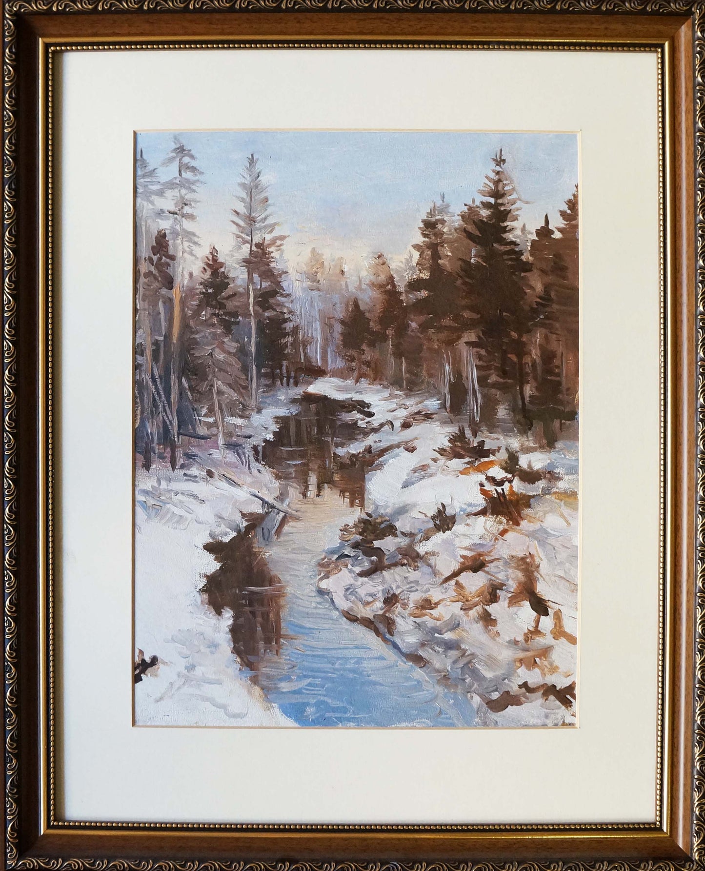 Oil painting Winter stream in the forest Unknown artist