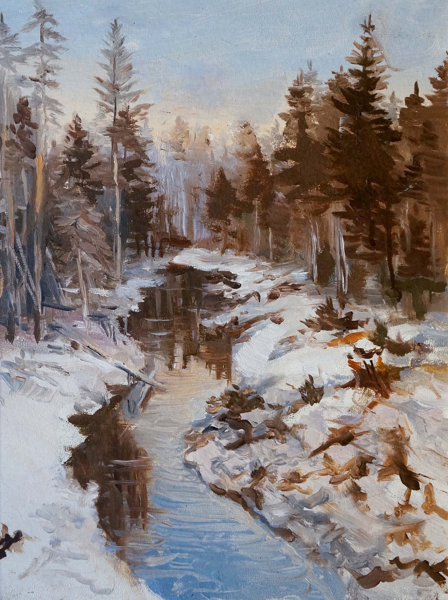 Oil painting Winter stream in the forest Unknown artist