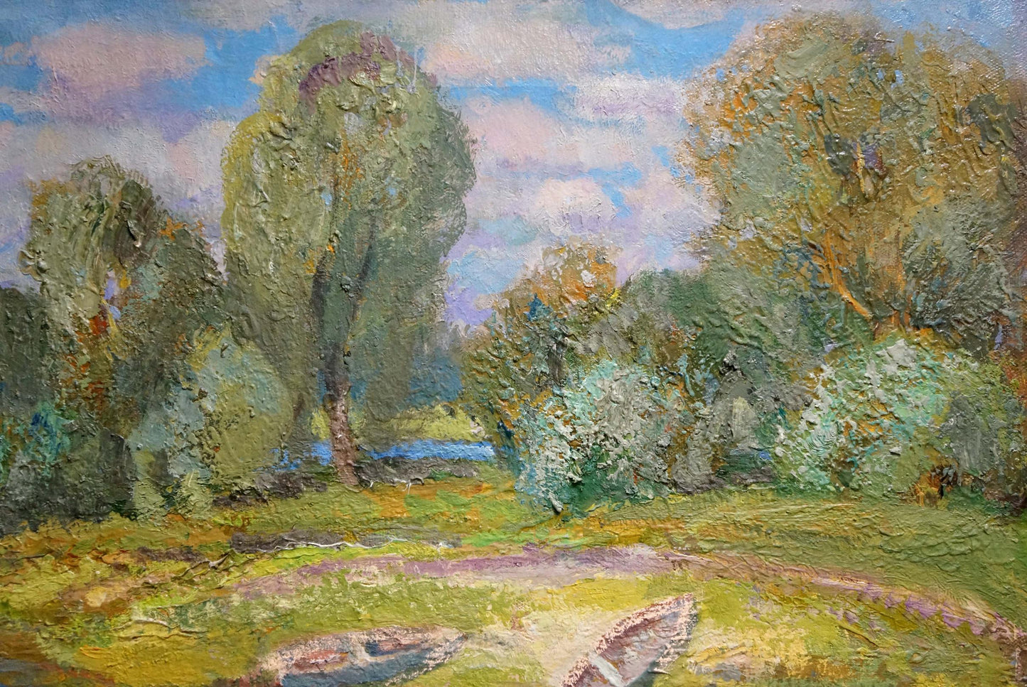 Oil painting Boats on the river bank Alexander Mynka