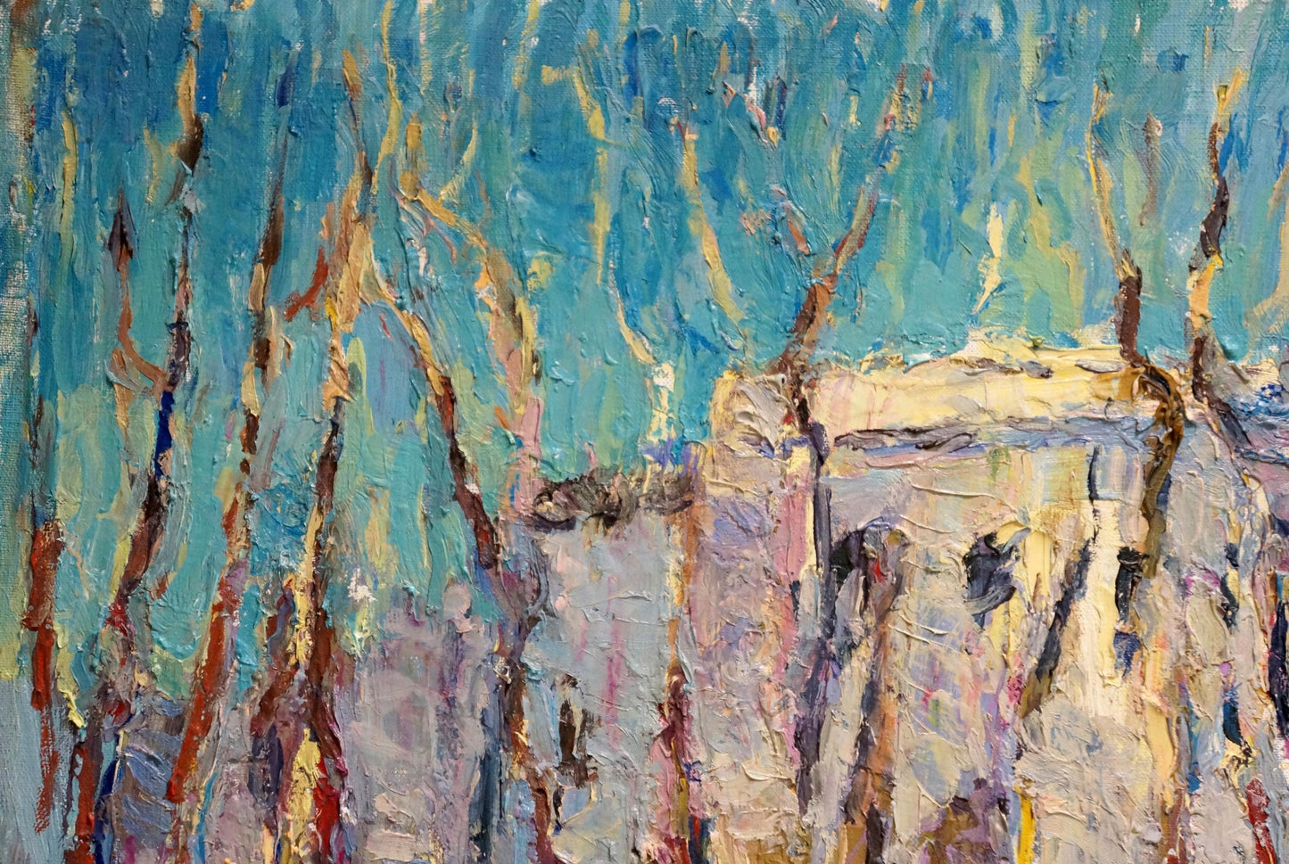 Oil painting The city behind the trees in winter Sergey Dupliy