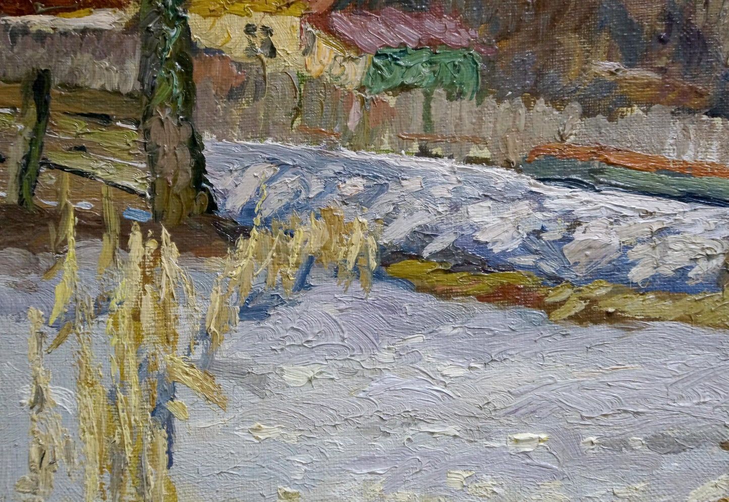 Alexander Fedorovich Mynka created an oil painting featuring houses near the forest