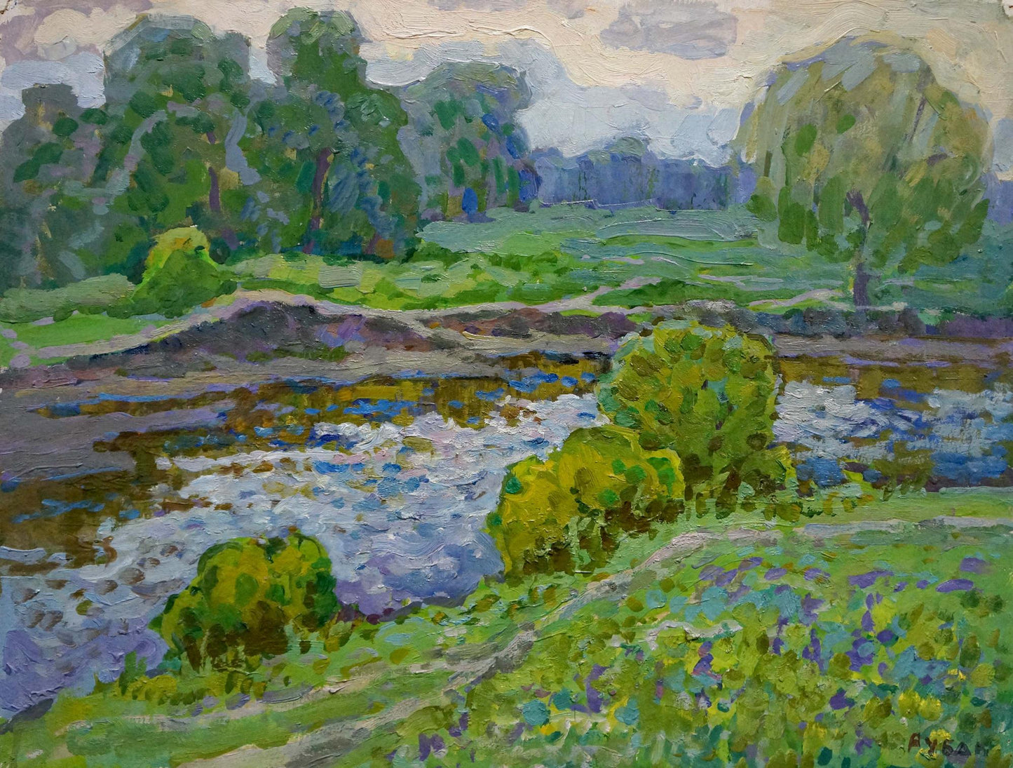 Oil painting In the summer by the river Ruban Grigory Savelievich