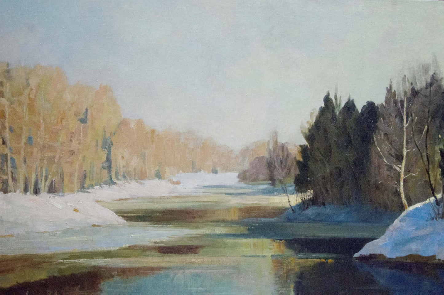 Oil painting River landscape in winter Smirnov Mikhail Sergeevich