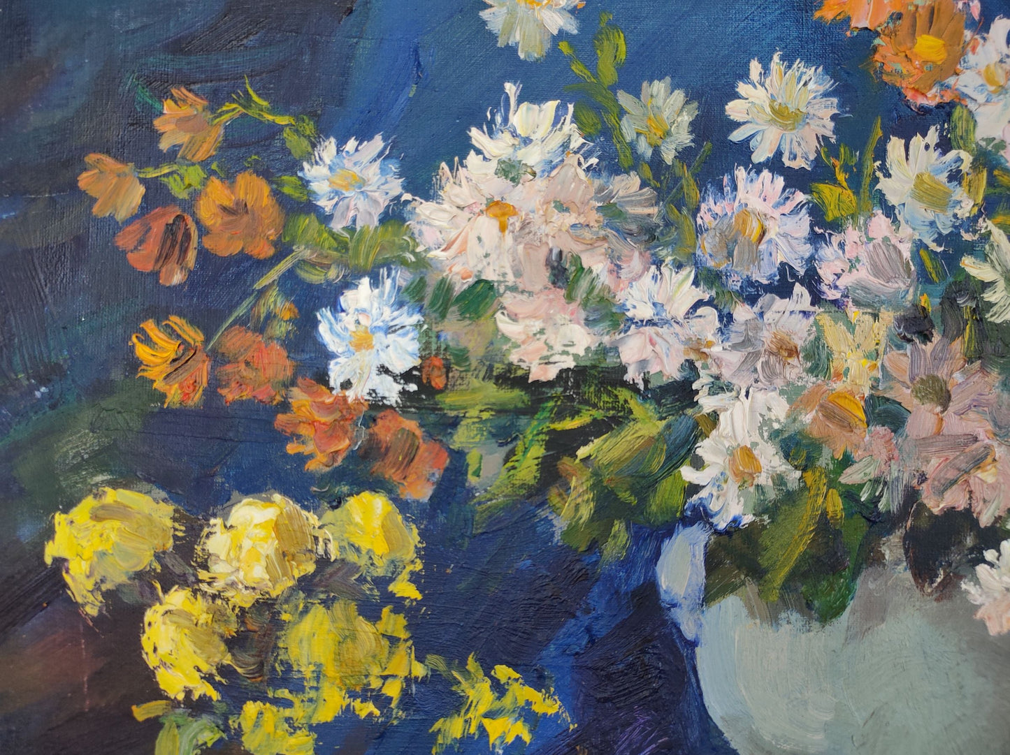 Oil Artwork: Chrysanthemums on a Blue Background by Mishurovsky V. V.