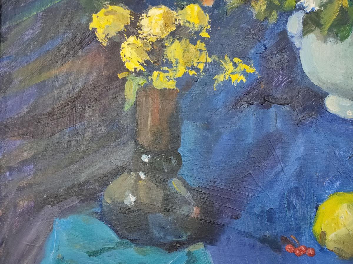 Blue Background with Chrysanthemums: Oil Painting by Mishurovsky V. V.