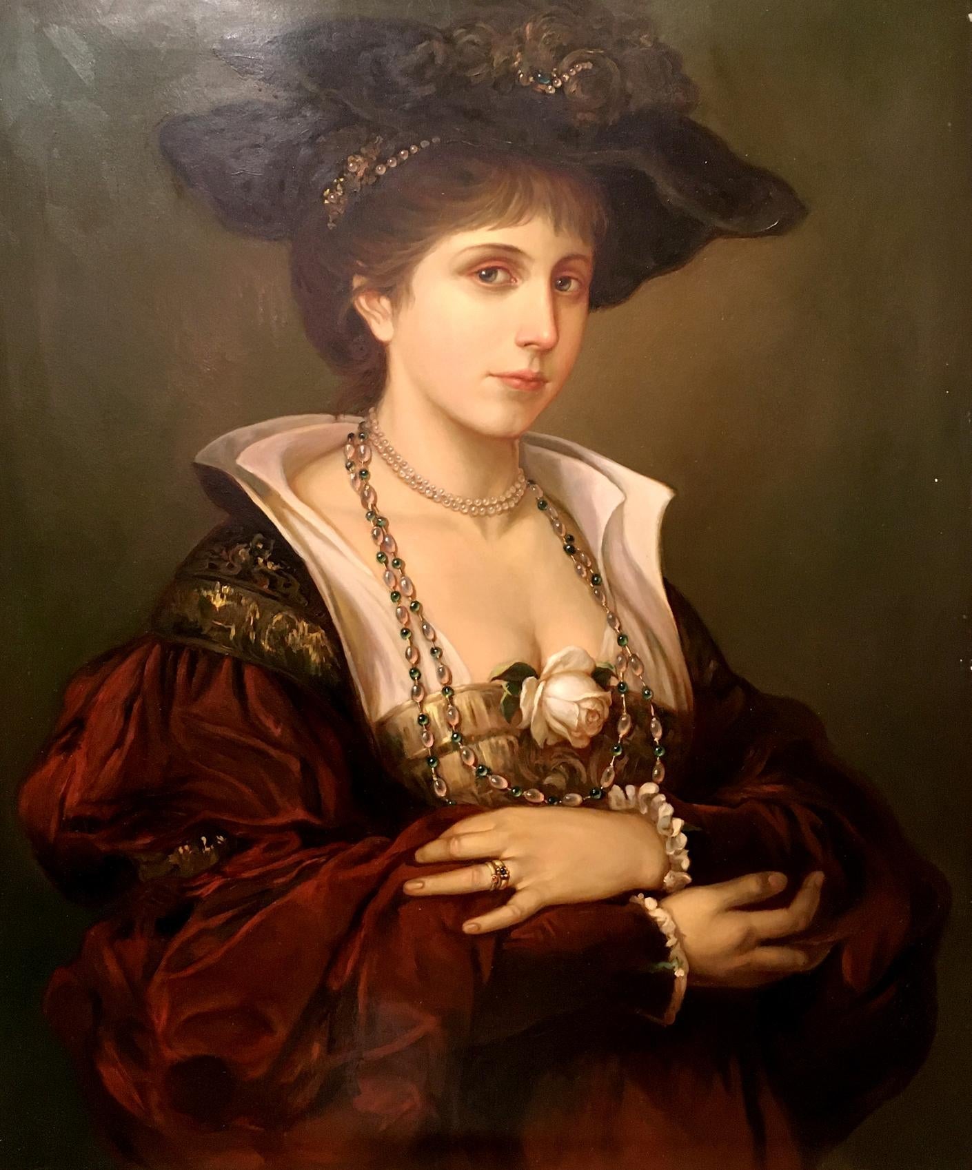 Oil painting Portrait of a girl with a white rose European artist
