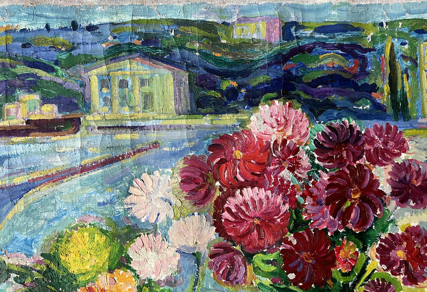 Abstract representation in oil by Peter Dobrev: still life by the coast