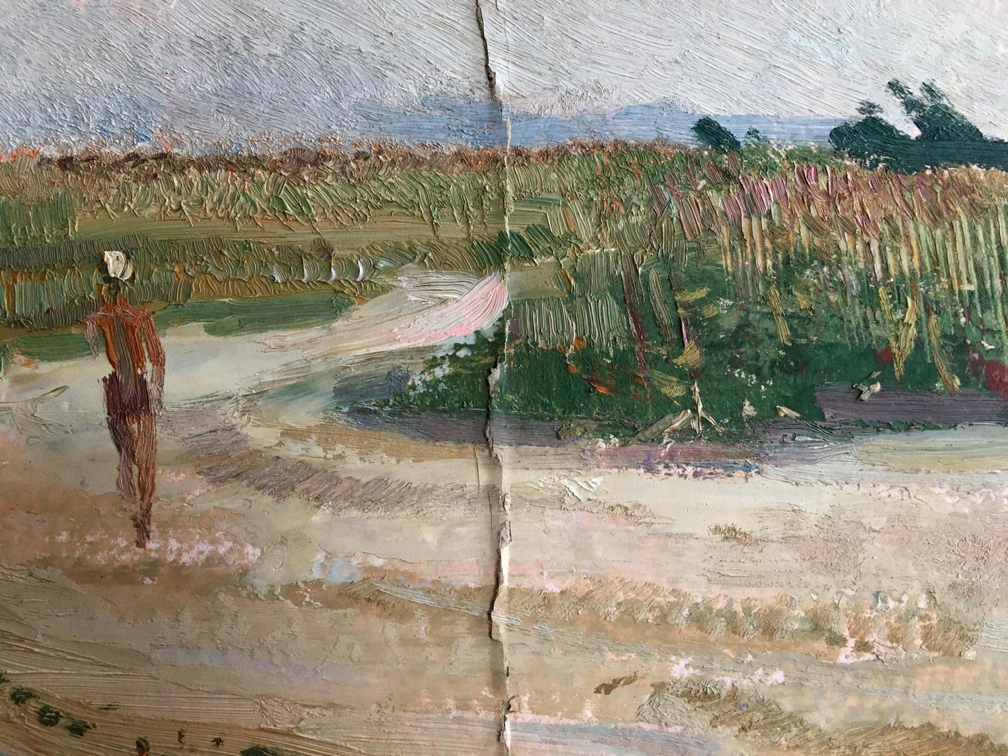 Oil painting Man walks across the field
