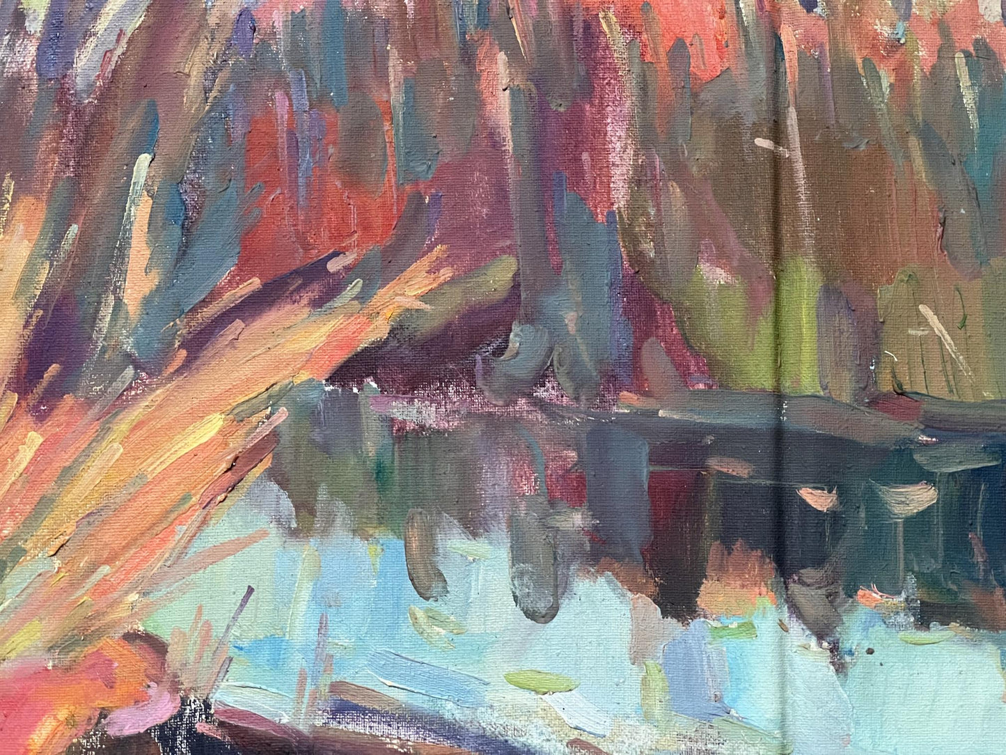 Abstract oil painting "Autumn Reflection" by Dobrev, portraying nature's seasonal shift.