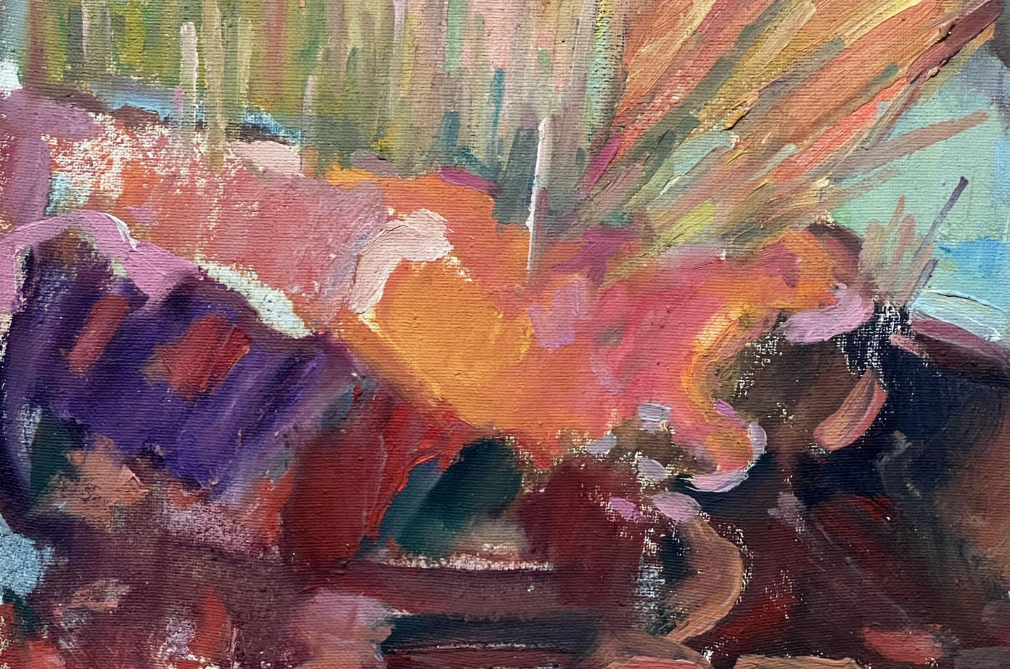 Peter Dobrev's "Autumn Reflection" abstract oil artwork, capturing autumnal vibes.