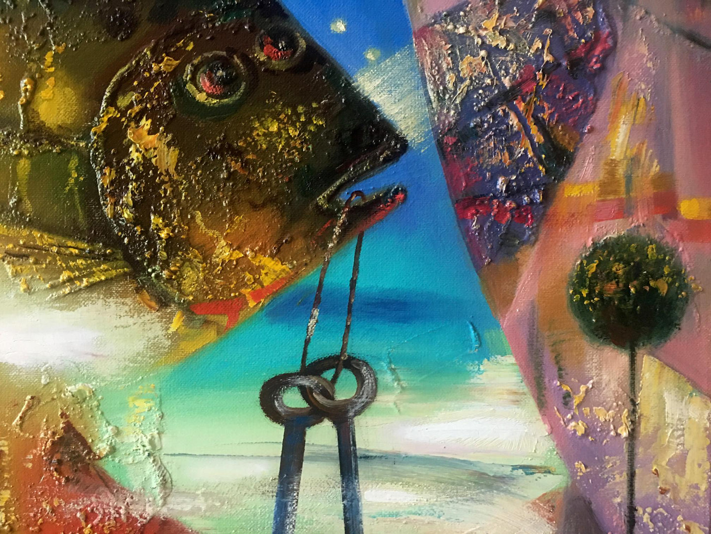 Abstract oil painting Fish over the city Anatoly Borisovich Tarabanov