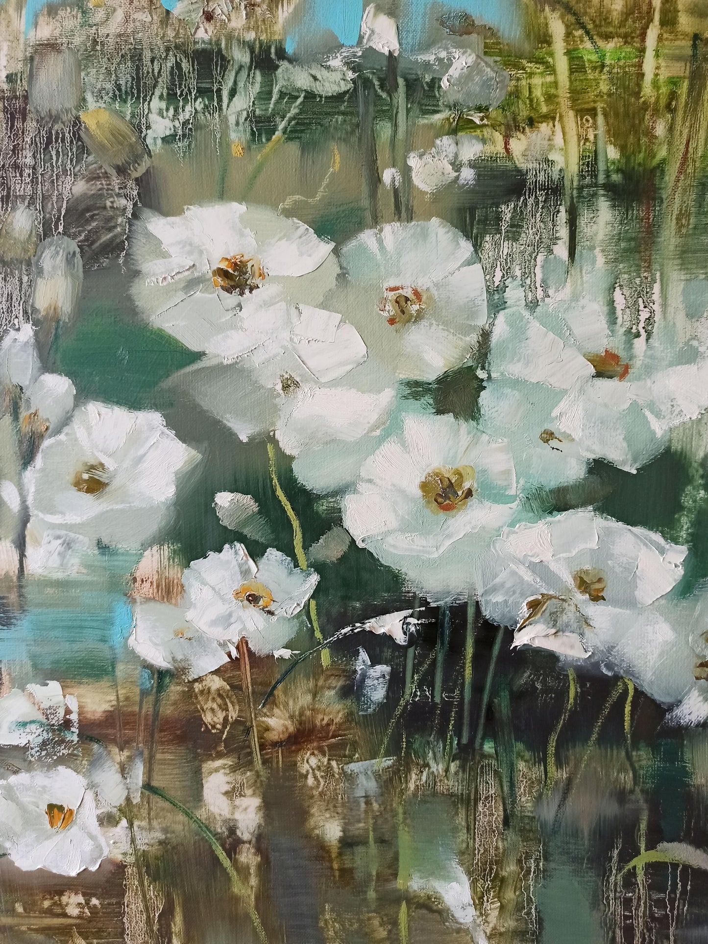 Abstract oil painting White poppies Anatoly Borisovich Tarabanov