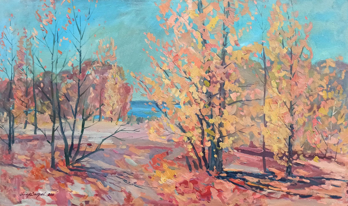 Oil painting Fall Colors Along the River Peter Dobrev