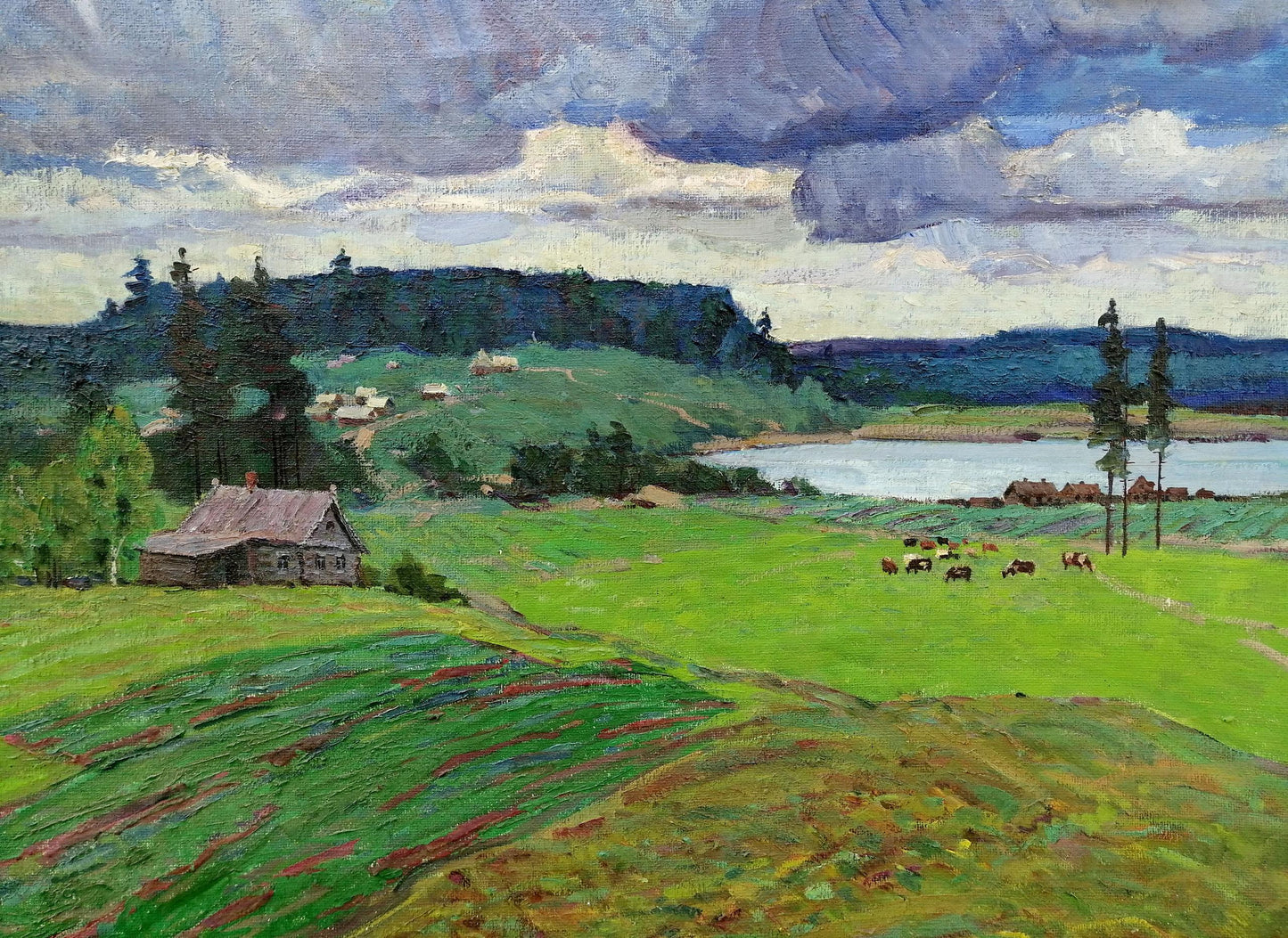 Vasily Andreevich Klyuchnik painted a village in the mountains in oil