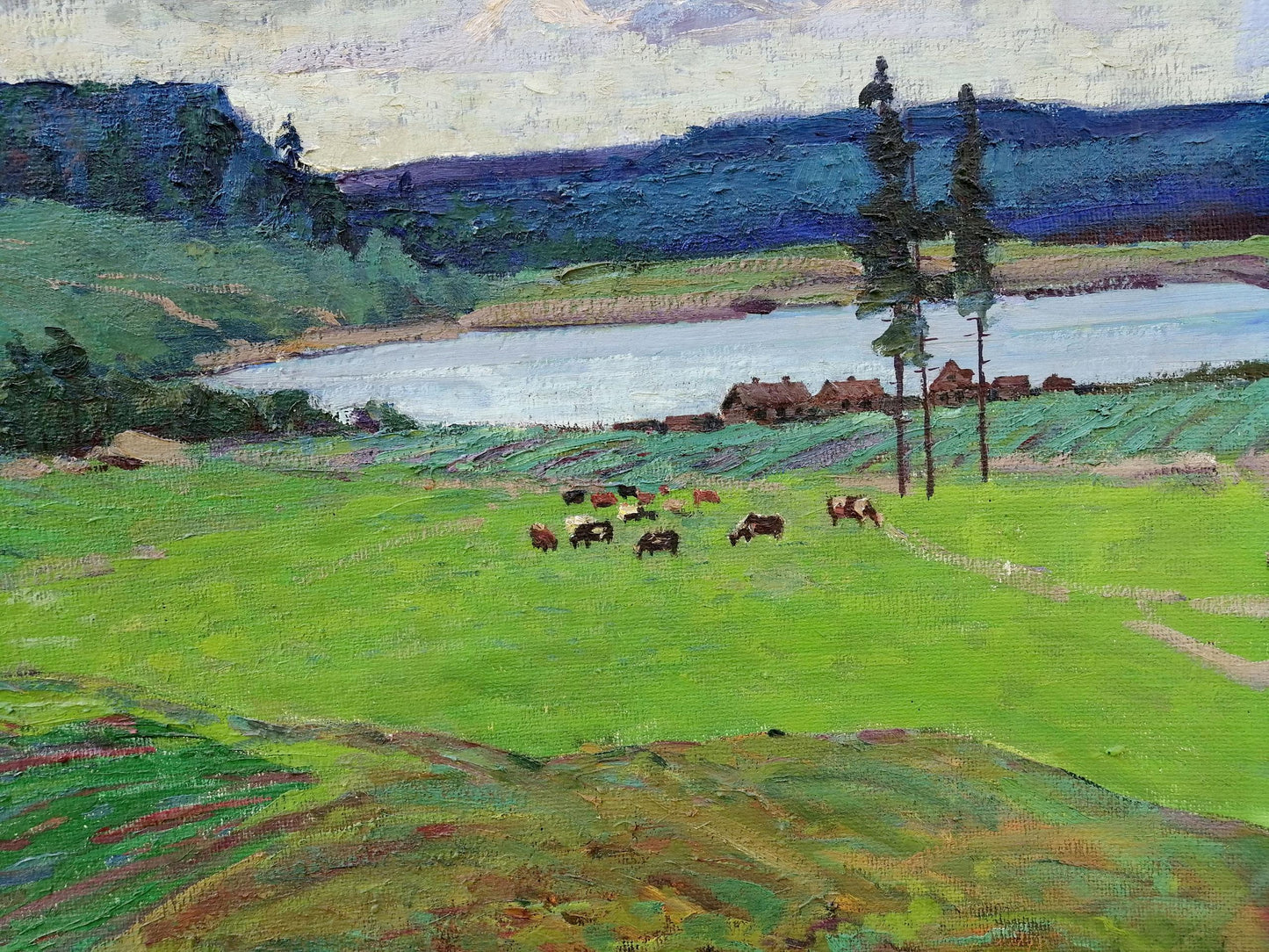 Oil painting showcasing a village nestled in the mountains by Vasily Andreevich Klyuchnik