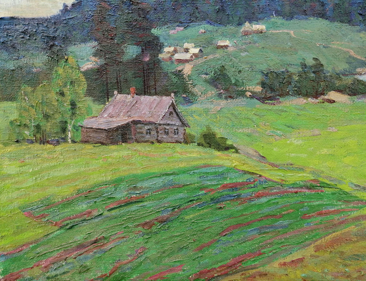 Vasily Andreevich Klyuchnik's oil artwork portraying a village amidst the mountains