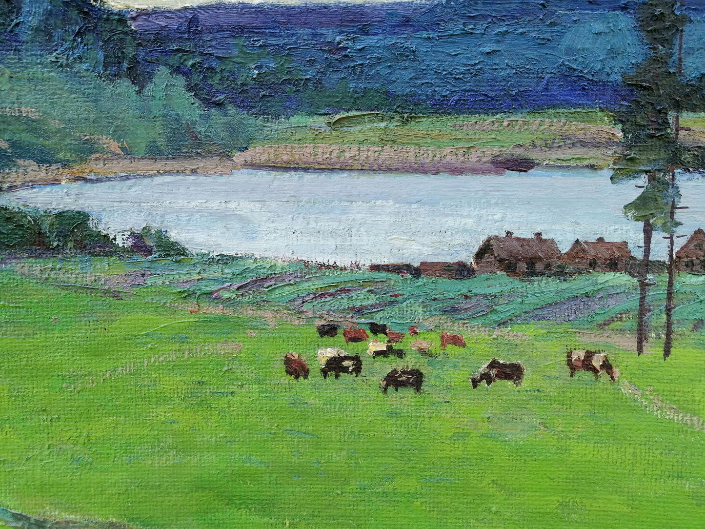 Oil depiction of a mountain village by Vasily Andreevich Klyuchnik