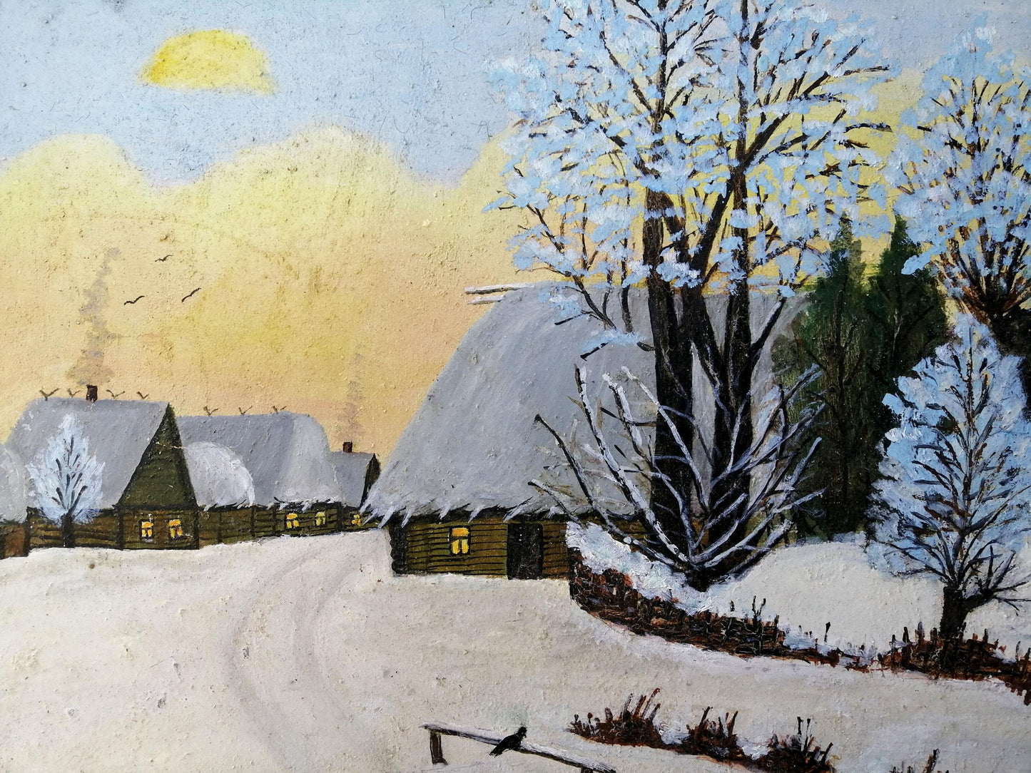 Oil painting Winter evening in the village Unknown artist