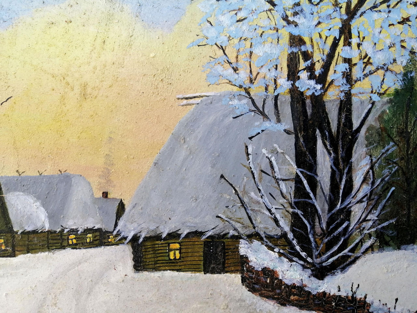 Oil painting Winter evening in the village Unknown artist