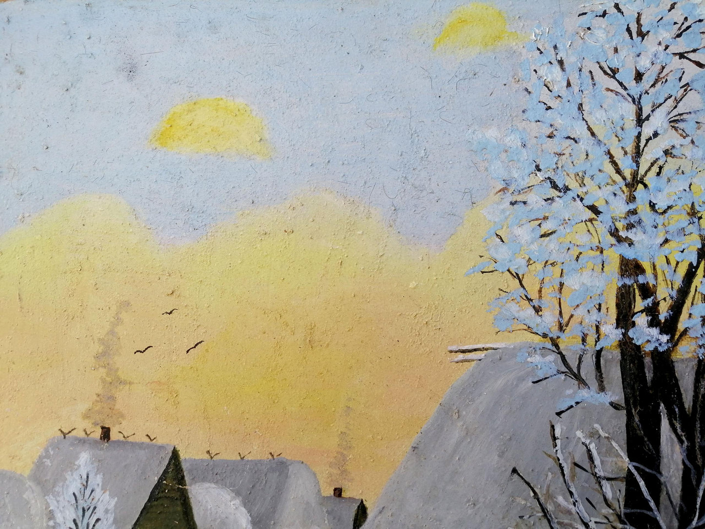 Oil painting Winter evening in the village Unknown artist