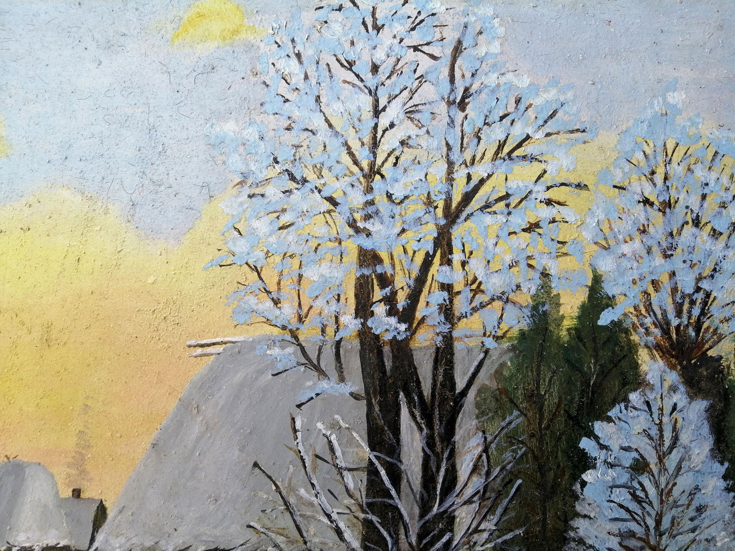 Oil painting Winter evening in the village Unknown artist