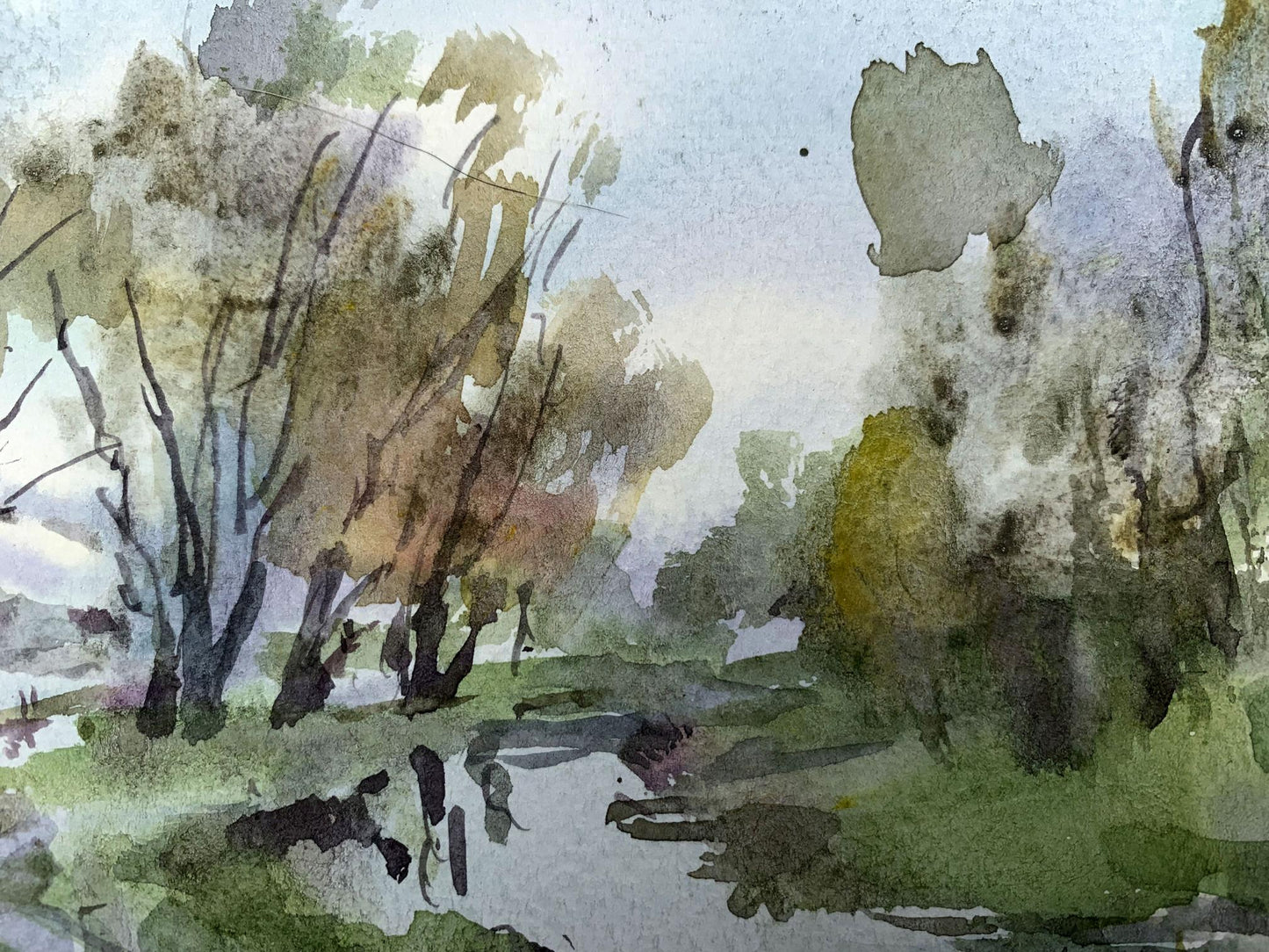 Watercolor painting River in the forest Viktor Mikhailichenko