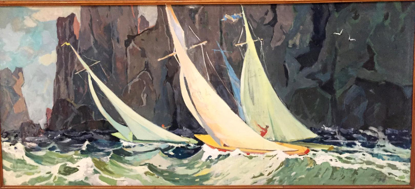 Oil painting Boats in the sea near the mountains Unknown artist