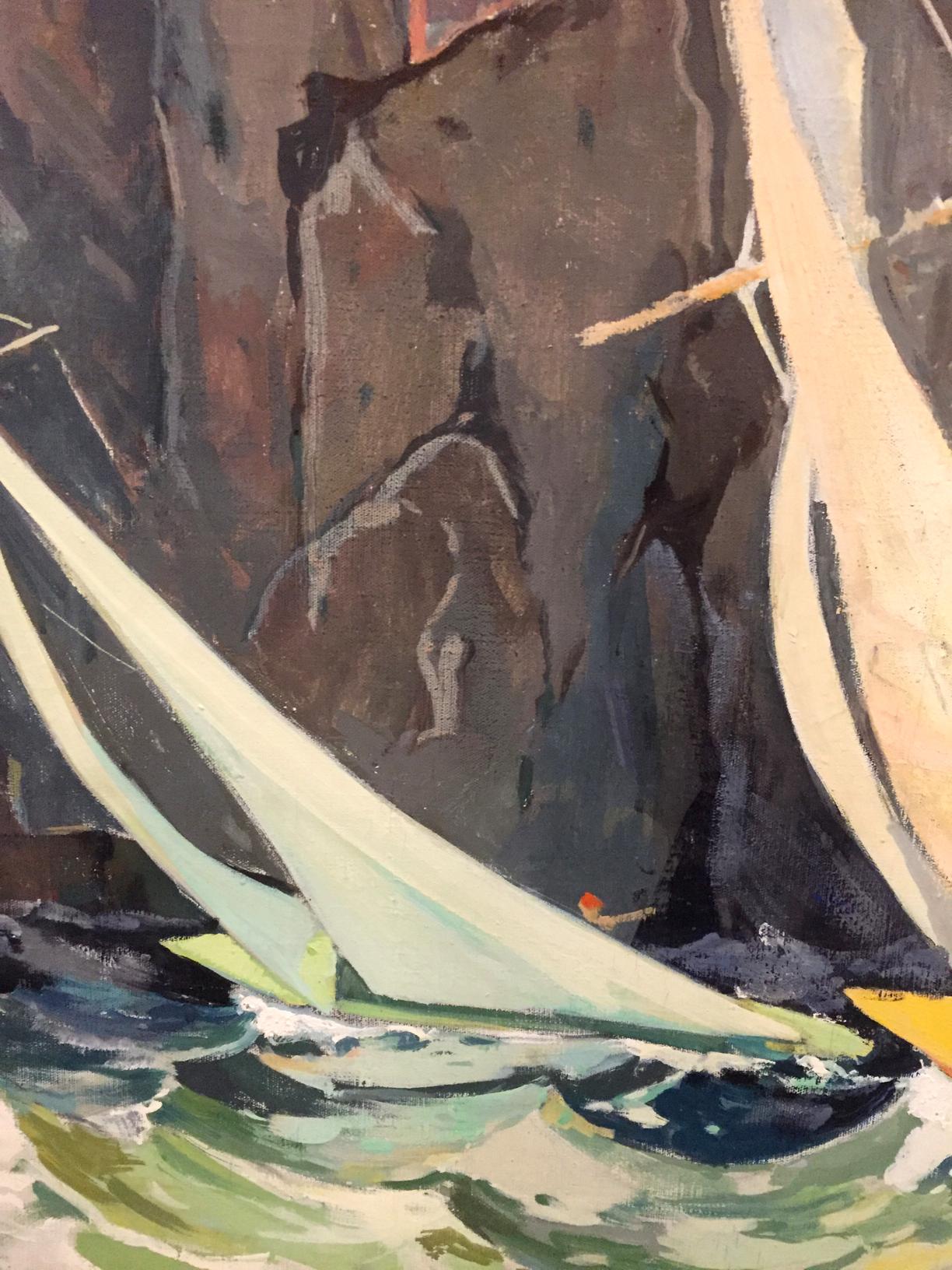 Oil painting Boats in the sea near the mountains Unknown artist