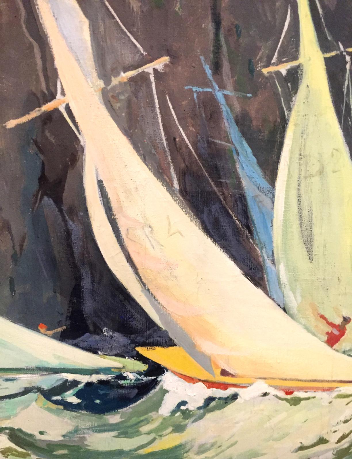 Oil painting Boats in the sea near the mountains Unknown artist