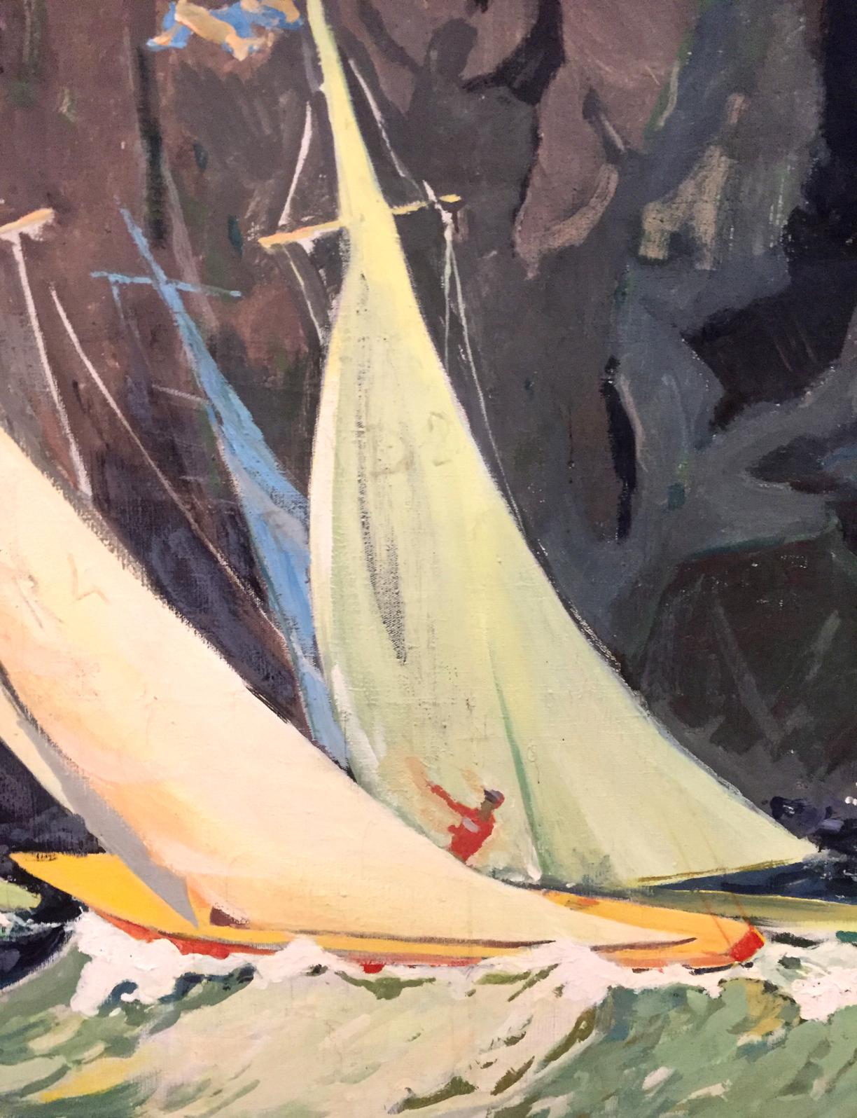 Oil painting Boats in the sea near the mountains Unknown artist