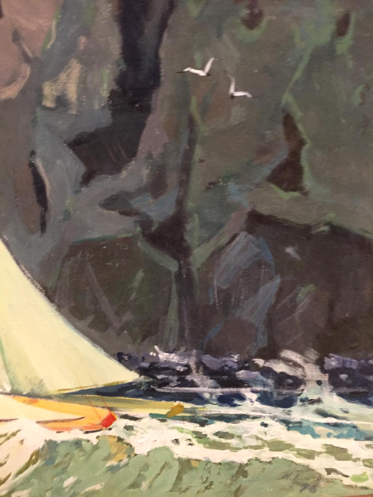 Oil painting Boats in the sea near the mountains Unknown artist