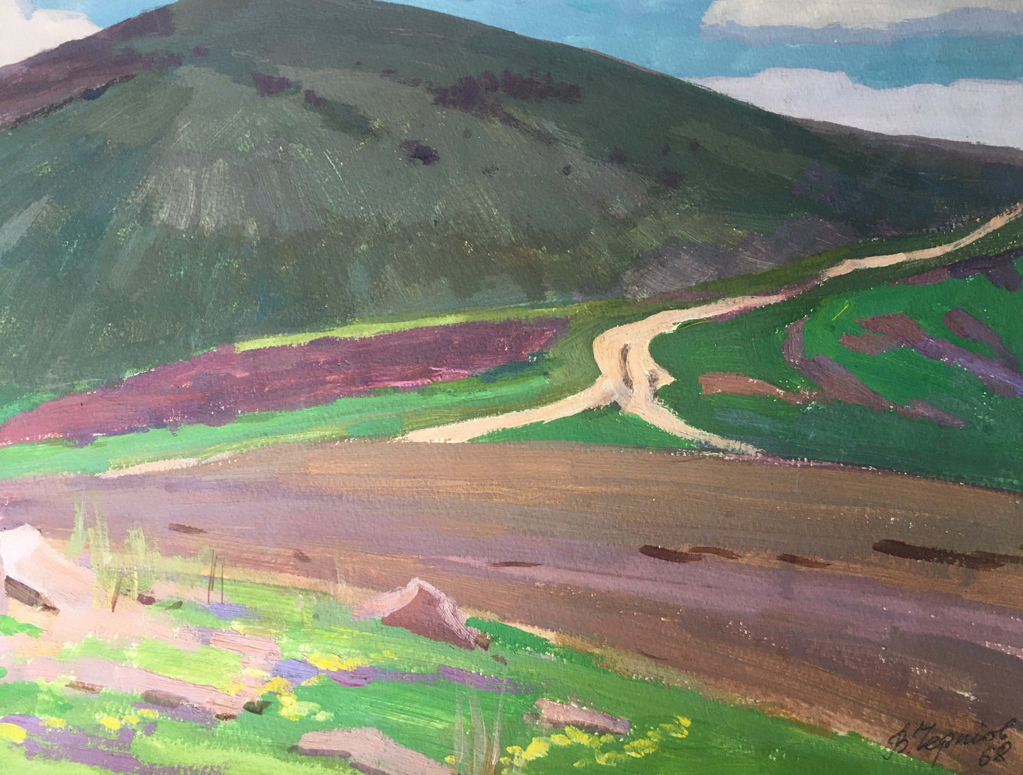 Gouache artwork featuring a "Mountain Landscape" by Vladimir Chernikov
