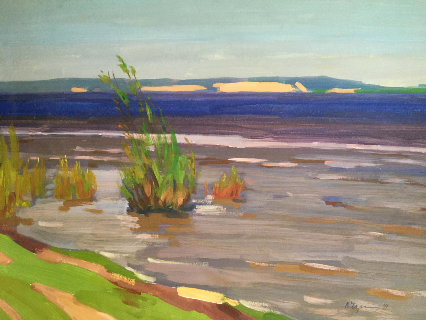 Gouache painting Serene river landscape Vladimir Chernikov