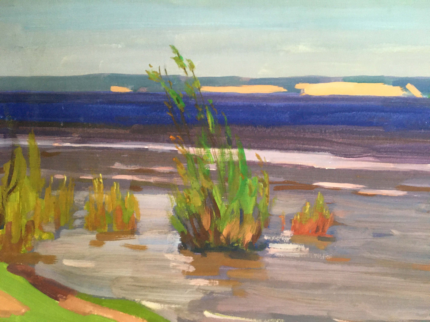 Gouache painting Serene river landscape Vladimir Chernikov