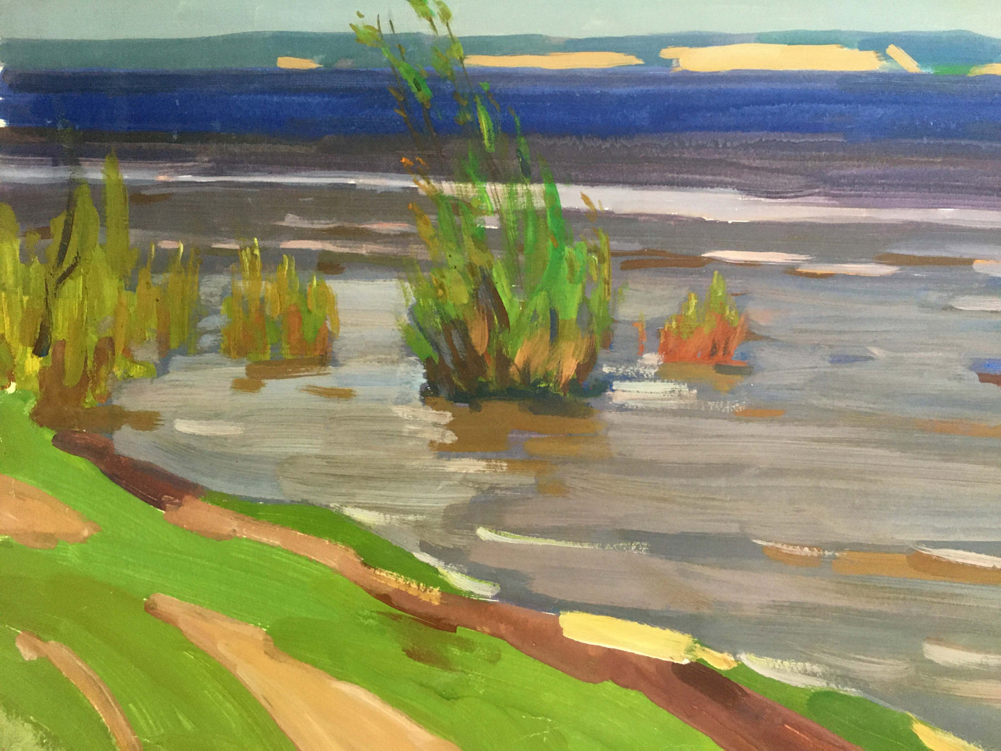 Gouache painting Serene river landscape Vladimir Chernikov