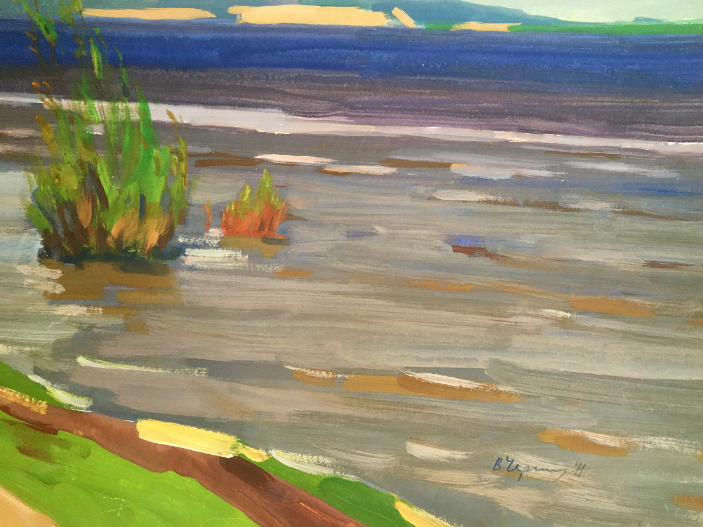 Gouache painting Serene river landscape Vladimir Chernikov