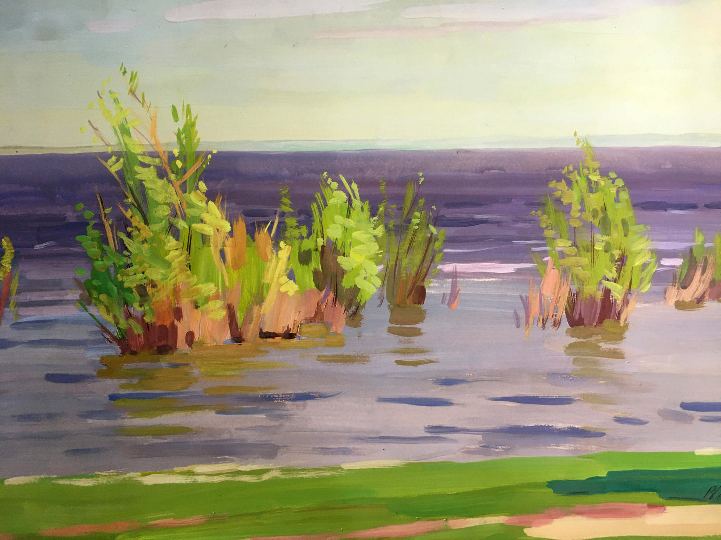 Gouache painting Calm coastal river Vladimir Chernikov