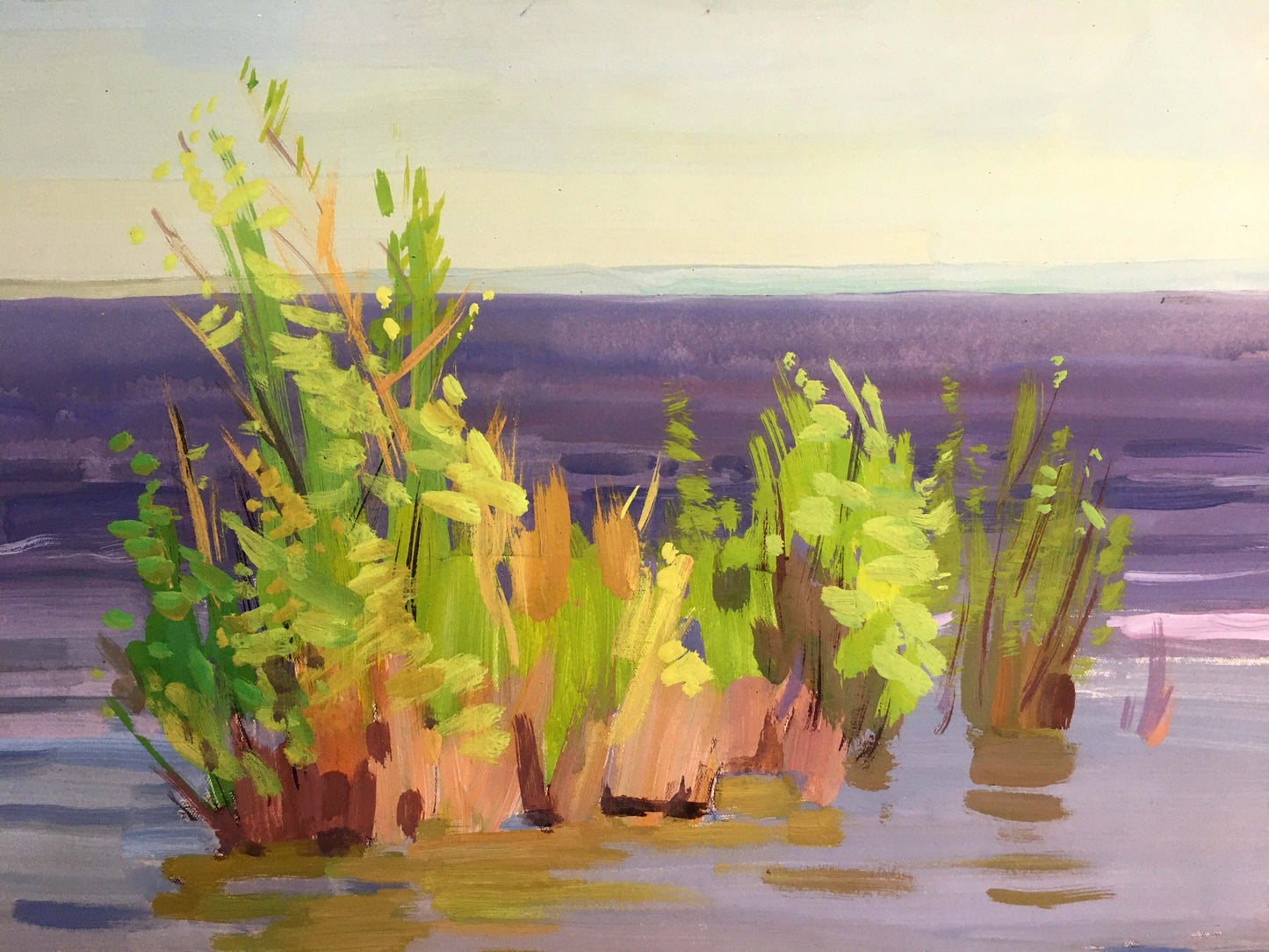 Gouache painting Calm coastal river Vladimir Chernikov