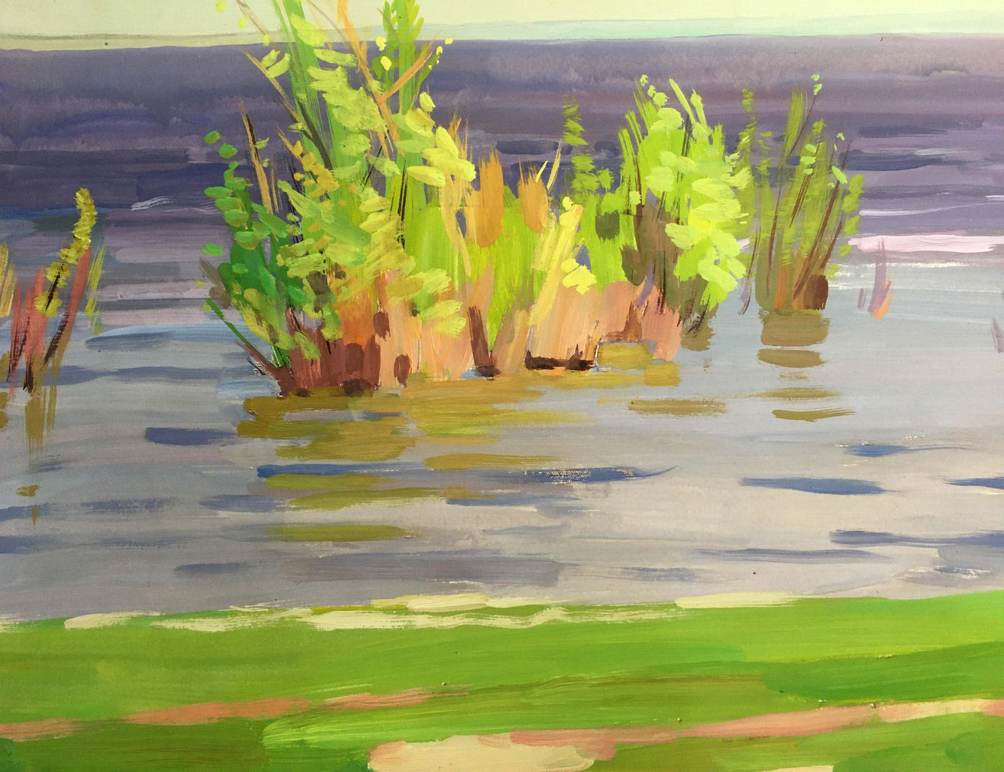 Gouache painting Calm coastal river Vladimir Chernikov