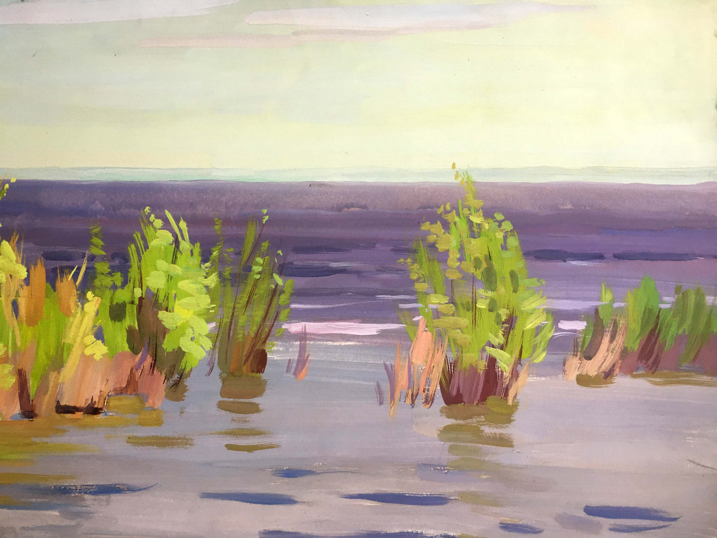 Gouache painting Calm coastal river Vladimir Chernikov