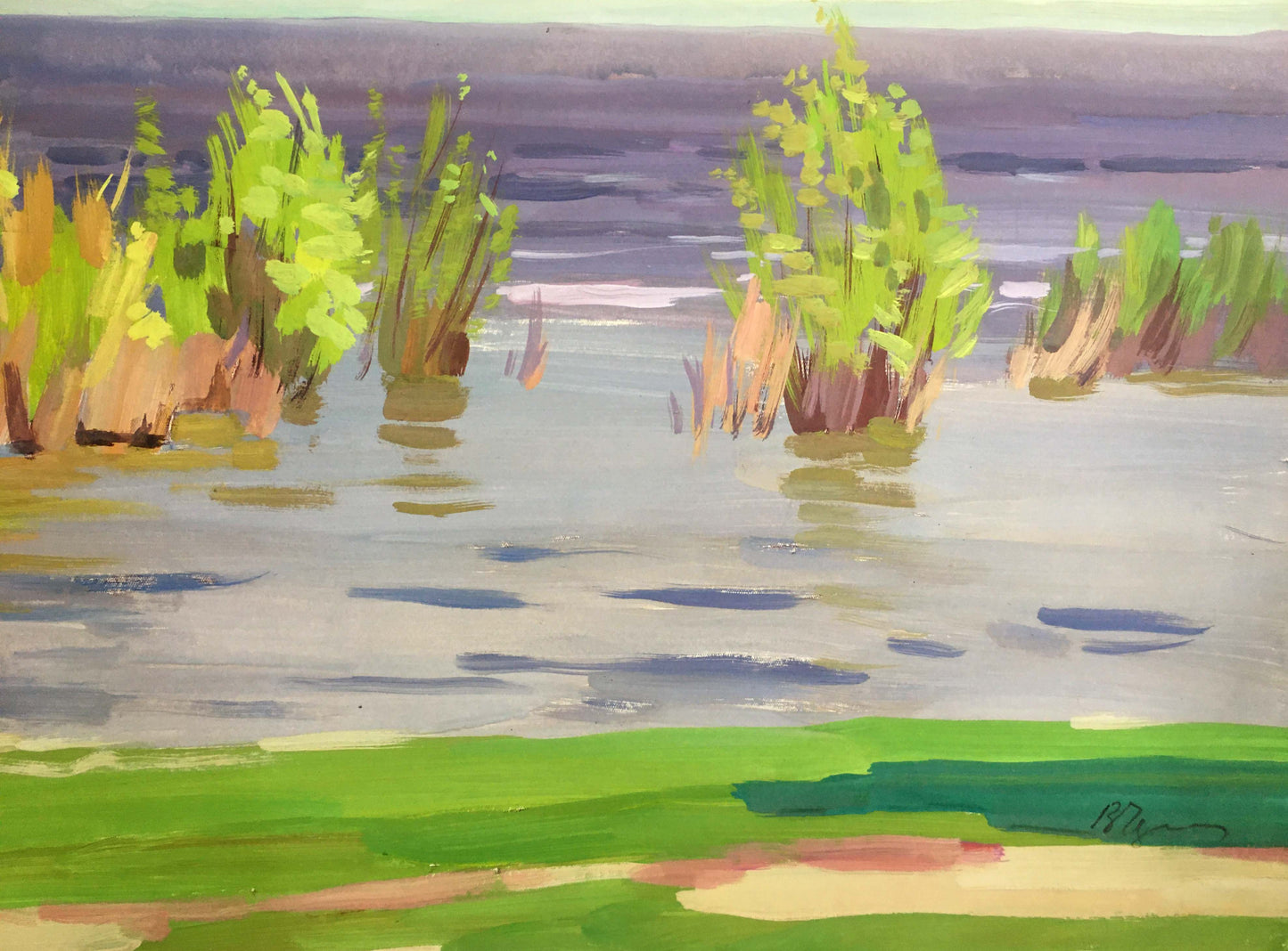 Gouache painting Calm coastal river Vladimir Chernikov