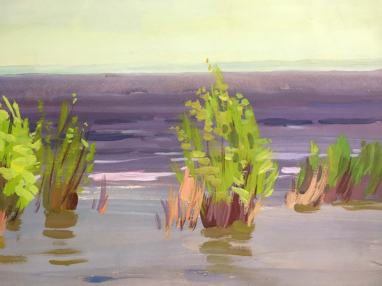 Gouache painting Calm coastal river Vladimir Chernikov