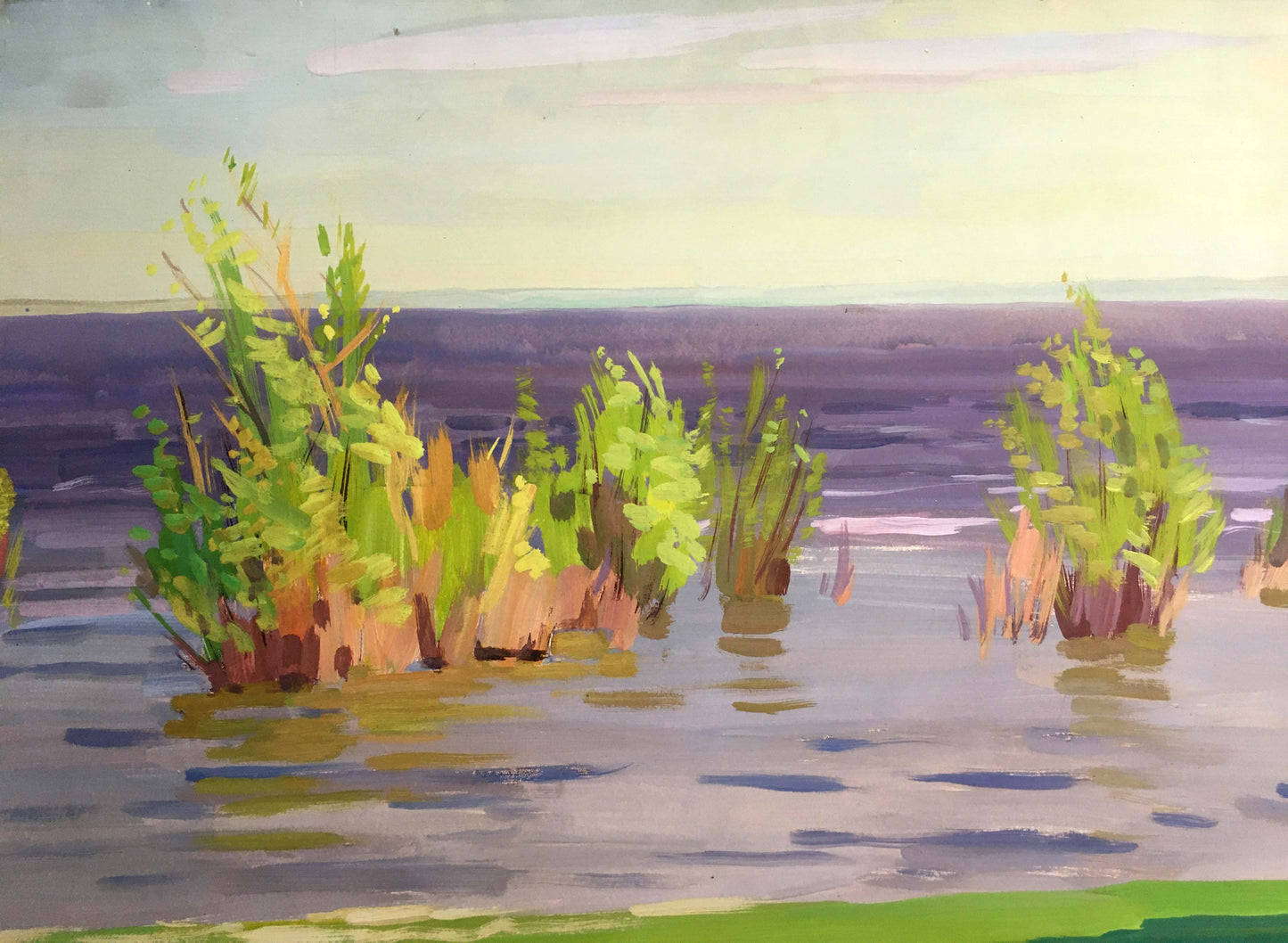 Gouache painting Calm coastal river Vladimir Chernikov