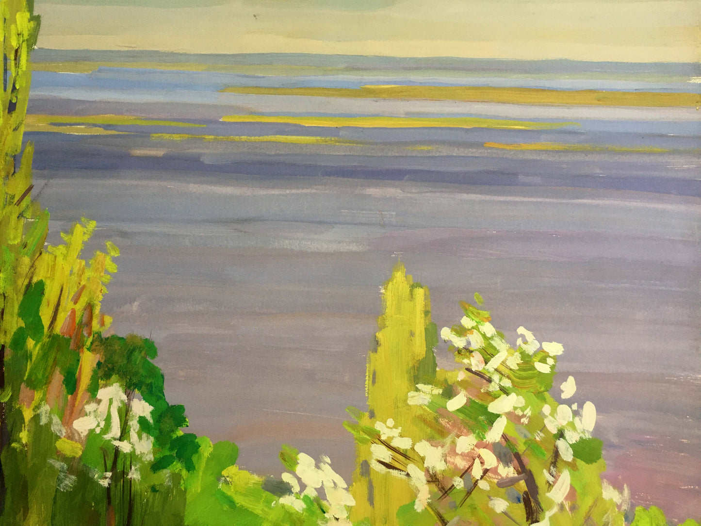 Gouache painting Quiet atmosphere by the river Vladimir Chernikov